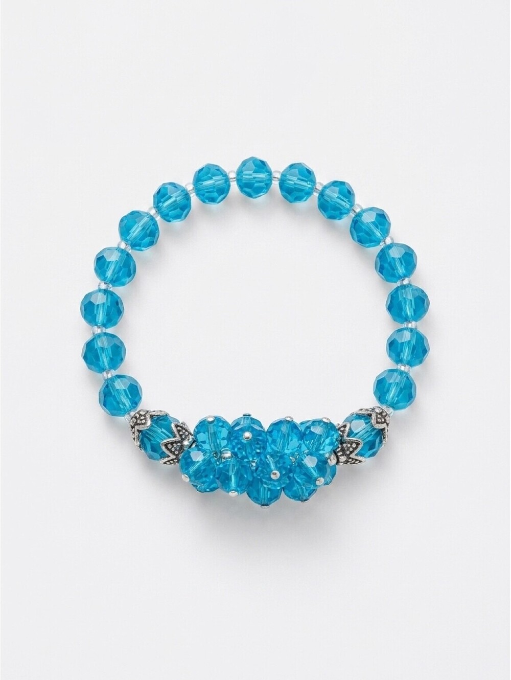 Turquoise Blue Faceted Bead Stretch Bracelet Cluster Floral Silver Tone 7"